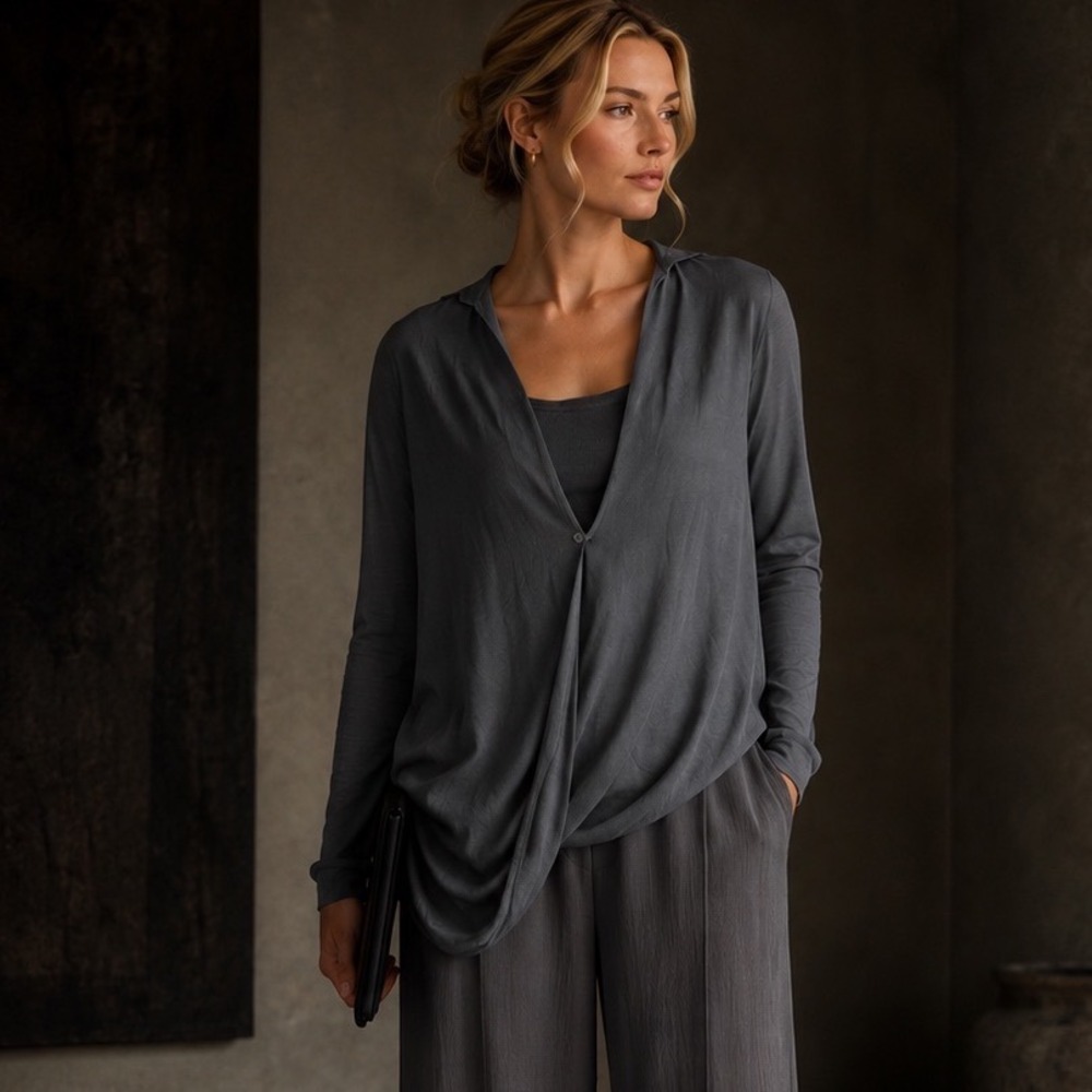 Nicholas K Wrap Top Women S Gray Mixed Media Surplice Long Sleeve Draped Blouse